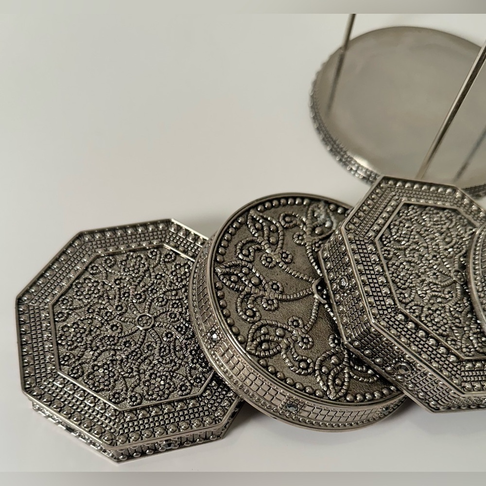 Vintage WALLACE Silver Coasters, Black Rhinestones, Rare7 Pieces, 2 Shapes - Picture 3 of 8